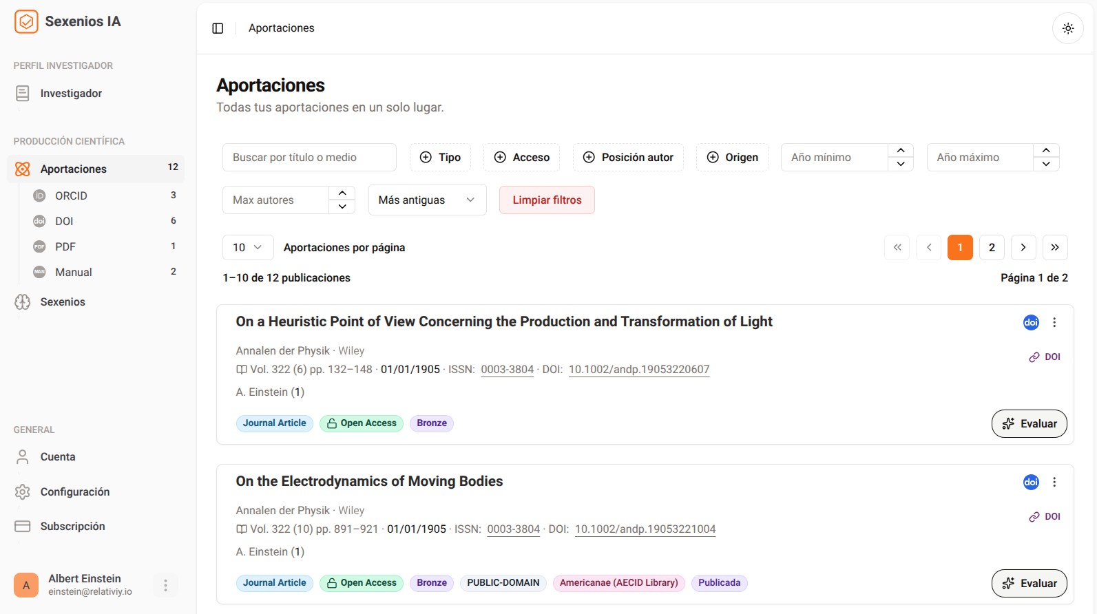 Panel de control para preparar sexenios de investigación